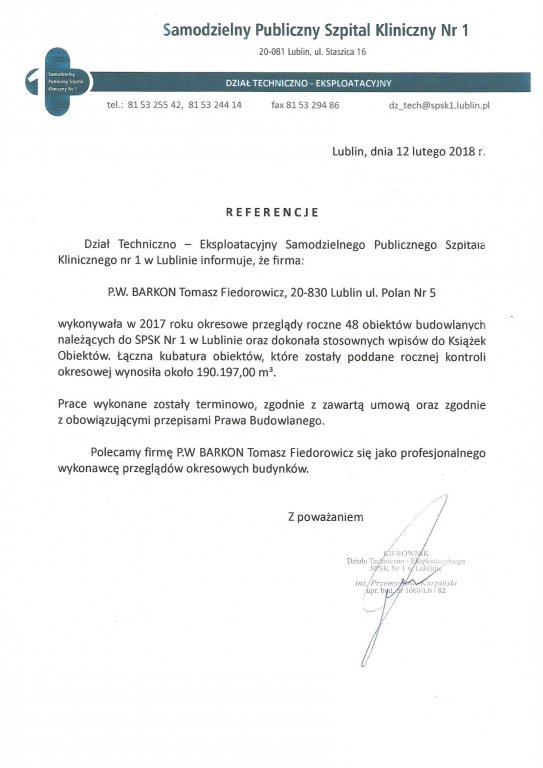 Referencje Samodzielny Publiczny Szpital Kliniczny nr 1